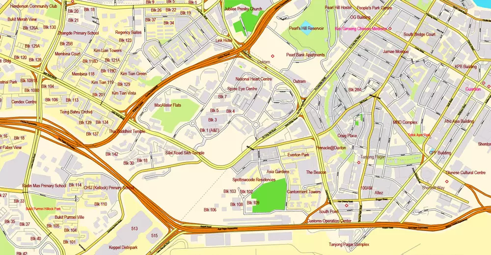 Singapore PDF Map exact City Plan with buildings full editable Street Map Adobe PDF