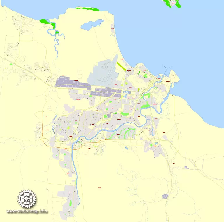Printable Map Townsville, Australia, exact vector street map, V27.11, fully editable, Adobe Illustrator, G-View Level 17 (100 meters scale), full vector, scalable, editable, text format of street names, 2 Mb ZIP.