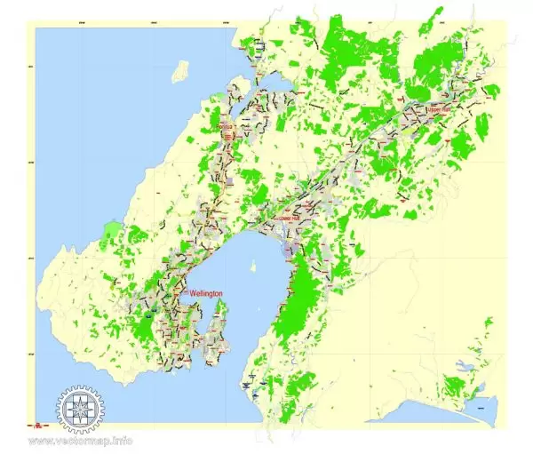 Printable Map Wellington, New Zealand, exact vector street map, V27.11, fully editable, Adobe Illustrator, G-View Level 13 (2000 meters scale), full vector, scalable, editable, text format of street names, 3 Mb ZIP.