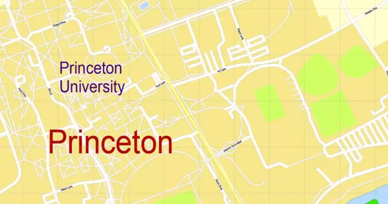 Printable Map Princeton University, Princeton New Jersey, US, exact vector street G-View Level 17 (100 meters scale) map, V.21.12. fully editable, Adobe Illustrator, full vector, scalable, editable text format of street names, 2 Mb ZIP.