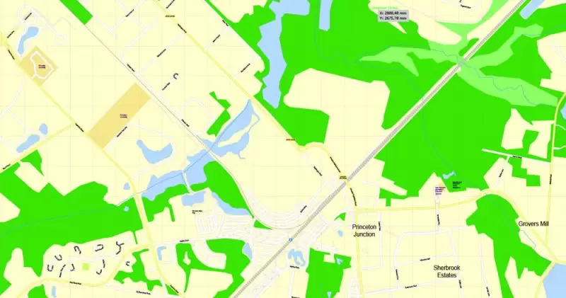 Printable Map Princeton University, Princeton New Jersey, US, exact vector street G-View Level 17 (100 meters scale) map, V.21.12. fully editable, Adobe Illustrator, full vector, scalable, editable text format of street names, 2 Mb ZIP.