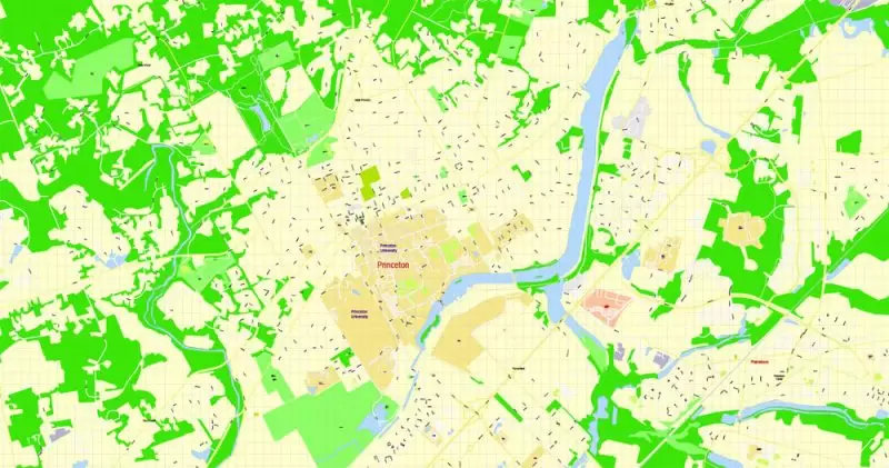 Printable Map Princeton University, Princeton New Jersey, US, exact vector street G-View Level 17 (100 meters scale) map, V.21.12. fully editable, Adobe Illustrator, full vector, scalable, editable text format of street names, 2 Mb ZIP.