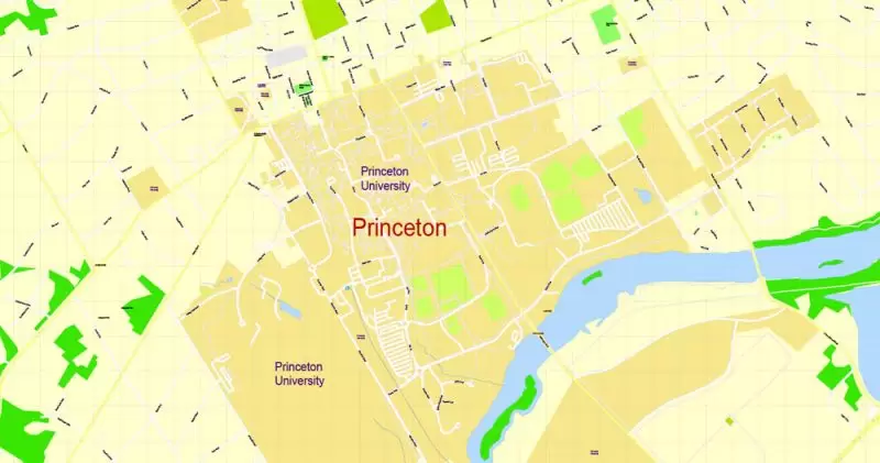 Printable Map Princeton University, Princeton New Jersey, US, exact vector street G-View Level 17 (100 meters scale) map, V.21.12. fully editable, Adobe Illustrator, full vector, scalable, editable text format of street names, 2 Mb ZIP.