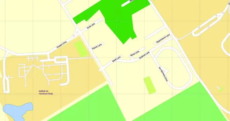 Printable Map Princeton University, Princeton New Jersey, US, exact vector street G-View Level 17 (100 meters scale) map, V.21.12. fully editable, Adobe Illustrator, full vector, scalable, editable text format of street names, 2 Mb ZIP.