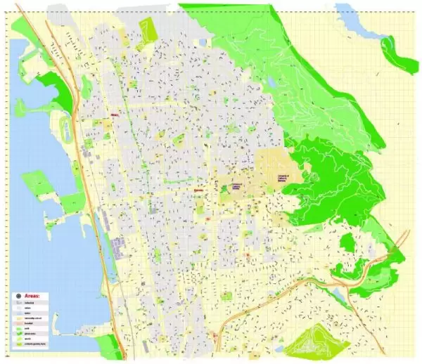 Printable Map University of California Berkeley, Berkeley CA, US, exact vector street G-View Level 17 (100 meters scale) map, V.21.12. fully editable, Adobe Illustrator, full vector, scalable, editable text format of street names, 2 Mb ZIP.