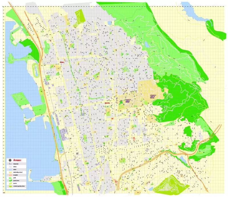 Printable Map University of California Berkeley, Berkeley CA, US, exact vector street G-View Level 17 (100 meters scale) map, V.21.12. fully editable, Adobe Illustrator, full vector, scalable, editable text format of street names, 2 Mb ZIP.