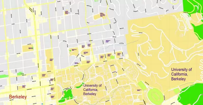 Printable Map University of California Berkeley, Berkeley CA, US, exact vector street G-View Level 17 (100 meters scale) map, V.21.12. fully editable, Adobe Illustrator, full vector, scalable, editable text format of street names, 2 Mb ZIP.