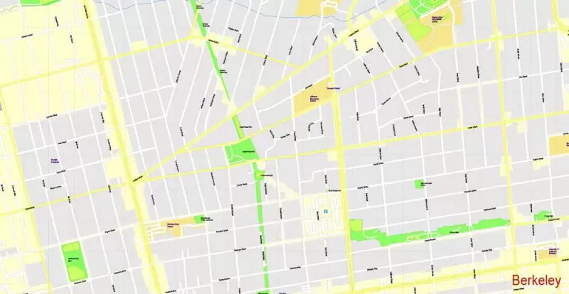 Printable Map University of California Berkeley, Berkeley CA, US, exact vector street G-View Level 17 (100 meters scale) map, V.21.12. fully editable, Adobe Illustrator, full vector, scalable, editable text format of street names, 2 Mb ZIP.