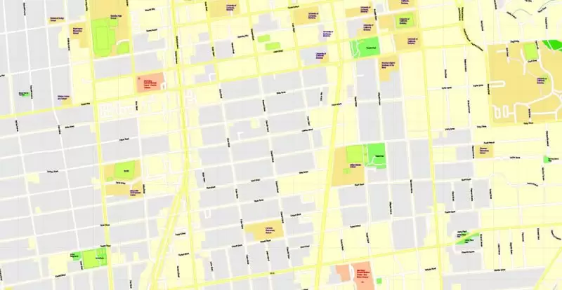 Printable Map University of California Berkeley, Berkeley CA, US, exact vector street G-View Level 17 (100 meters scale) map, V.21.12. fully editable, Adobe Illustrator, full vector, scalable, editable text format of street names, 2 Mb ZIP.