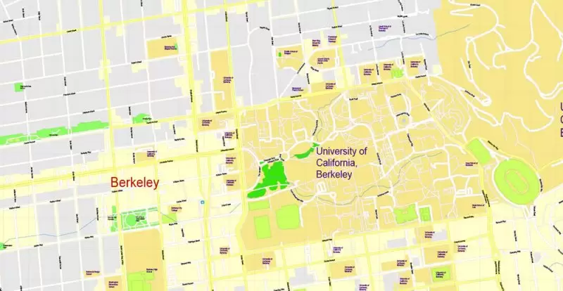 Printable Map University of California Berkeley, Berkeley CA, US, exact vector street G-View Level 17 (100 meters scale) map, V.21.12. fully editable, Adobe Illustrator, full vector, scalable, editable text format of street names, 2 Mb ZIP.