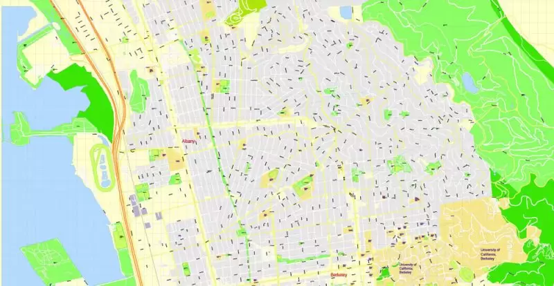 Printable Map University of California Berkeley, Berkeley CA, US, exact vector street G-View Level 17 (100 meters scale) map, V.21.12. fully editable, Adobe Illustrator, full vector, scalable, editable text format of street names, 2 Mb ZIP.