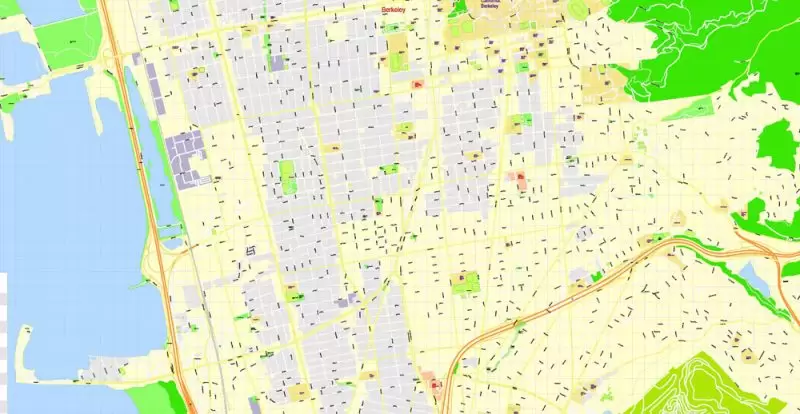 Printable Map University of California Berkeley, Berkeley CA, US, exact vector street G-View Level 17 (100 meters scale) map, V.21.12. fully editable, Adobe Illustrator, full vector, scalable, editable text format of street names, 2 Mb ZIP.