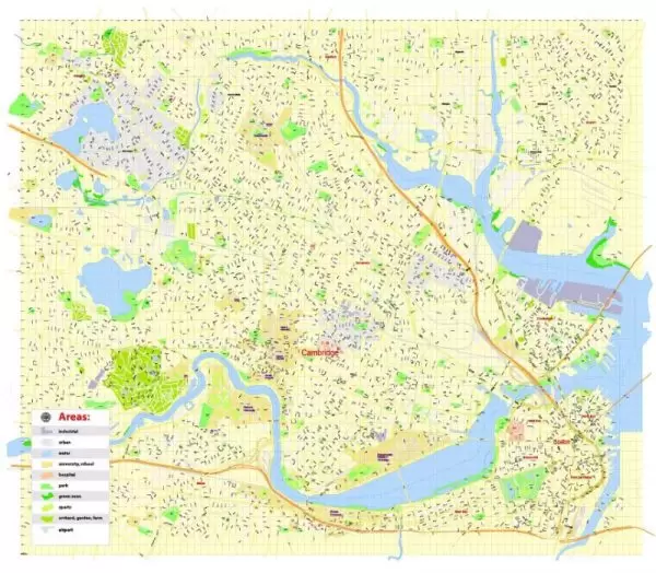 Printable Map Harvard University Cambridge MA, US, exact vector street G-View Level 17 (100 meters scale) map, V.21.12. fully editable, Adobe Illustrator, full vector, scalable, editable text format of street names, 3 Mb ZIP.