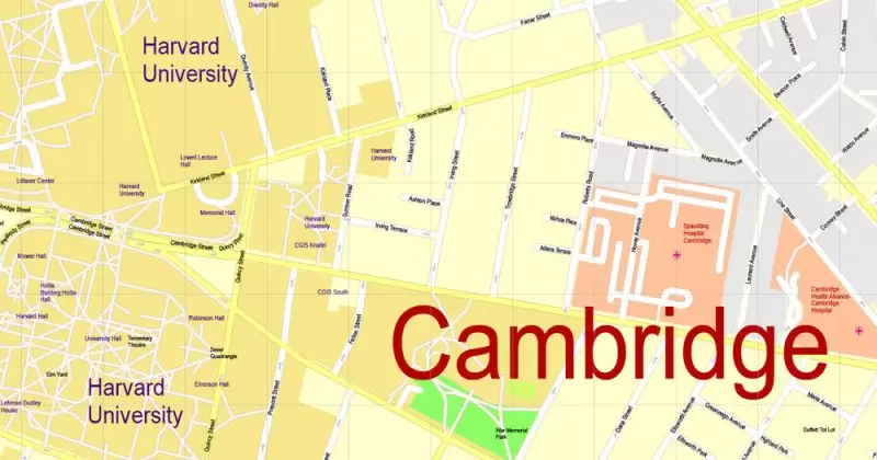 Printable Map Harvard University Cambridge MA, US, exact vector street G-View Level 17 (100 meters scale) map, V.21.12. fully editable, Adobe Illustrator, full vector, scalable, editable text format of street names, 3 Mb ZIP.