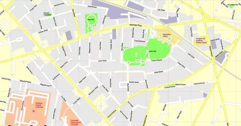 Printable Map Harvard University Cambridge MA, US, exact vector street G-View Level 17 (100 meters scale) map, V.21.12. fully editable, Adobe Illustrator, full vector, scalable, editable text format of street names, 3 Mb ZIP.