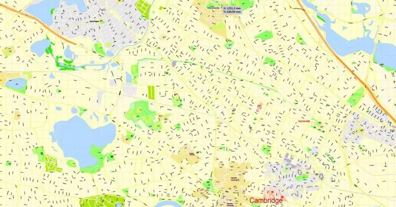 Printable Map Harvard University Cambridge MA, US, exact vector street G-View Level 17 (100 meters scale) map, V.21.12. fully editable, Adobe Illustrator, full vector, scalable, editable text format of street names, 3 Mb ZIP.