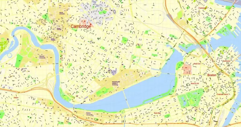 Printable Map Harvard University Cambridge MA, US, exact vector street G-View Level 17 (100 meters scale) map, V.21.12. fully editable, Adobe Illustrator, full vector, scalable, editable text format of street names, 3 Mb ZIP.