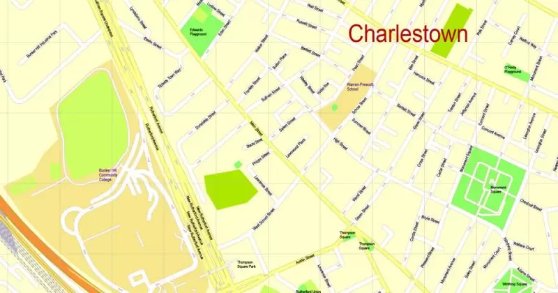Printable Map Harvard University Cambridge MA, US, exact vector street G-View Level 17 (100 meters scale) map, V.21.12. fully editable, Adobe Illustrator, full vector, scalable, editable text format of street names, 3 Mb ZIP.