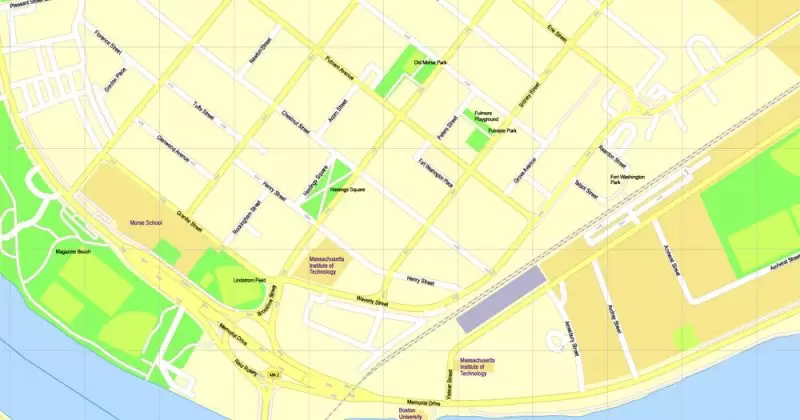 Printable Map Harvard University Cambridge MA, US, exact vector street G-View Level 17 (100 meters scale) map, V.21.12. fully editable, Adobe Illustrator, full vector, scalable, editable text format of street names, 3 Mb ZIP.