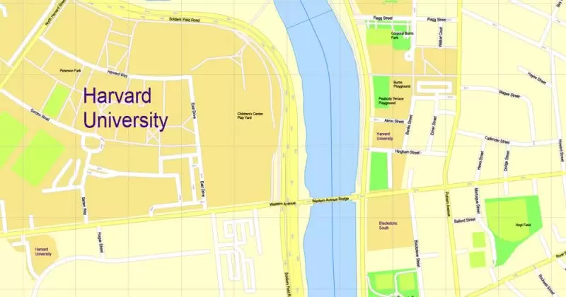 Printable Map Harvard University Cambridge MA, US, exact vector street G-View Level 17 (100 meters scale) map, V.21.12. fully editable, Adobe Illustrator, full vector, scalable, editable text format of street names, 3 Mb ZIP.