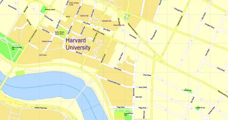 Printable Map Harvard University Cambridge MA, US, exact vector street G-View Level 17 (100 meters scale) map, V.21.12. fully editable, Adobe Illustrator, full vector, scalable, editable text format of street names, 3 Mb ZIP.