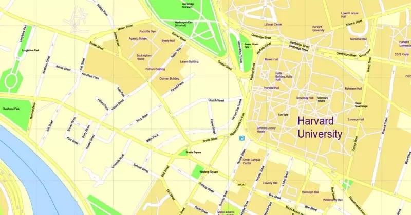 Printable Map Harvard University Cambridge MA, US, exact vector street G-View Level 17 (100 meters scale) map, V.21.12. fully editable, Adobe Illustrator, full vector, scalable, editable text format of street names, 3 Mb ZIP.