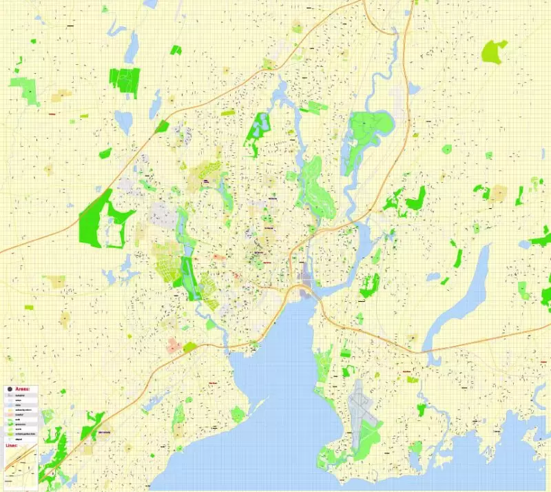 Printable Map Yale University, New Haven, Connecticut, US, exact vector street G-View Level 17 (100 meters scale) map, V.30.12. fully editable, Adobe Illustrator