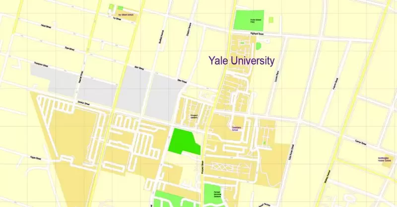 Printable Map Yale University, New Haven, Connecticut, US, exact vector street G-View Level 17 (100 meters scale) map, V.30.12. fully editable, Adobe Illustrator