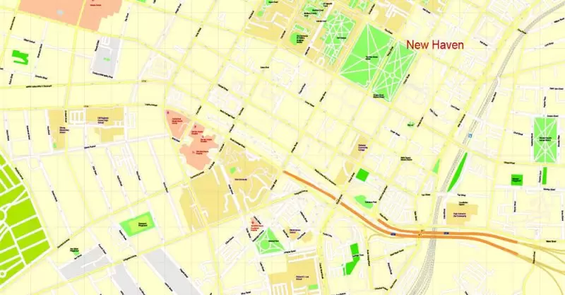 Printable Map Yale University, New Haven, Connecticut, US, exact vector street G-View Level 17 (100 meters scale) map, V.30.12. fully editable, Adobe Illustrator