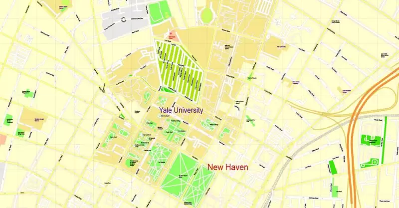 Printable Map Yale University, New Haven, Connecticut, US, exact vector street G-View Level 17 (100 meters scale) map, V.30.12. fully editable, Adobe Illustrator