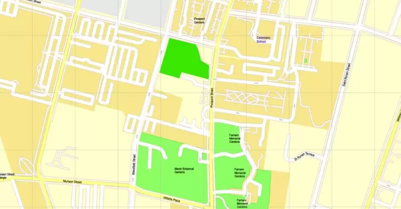 Printable Map Yale University, New Haven, Connecticut, US, exact vector street G-View Level 17 (100 meters scale) map, V.30.12. fully editable, Adobe Illustrator