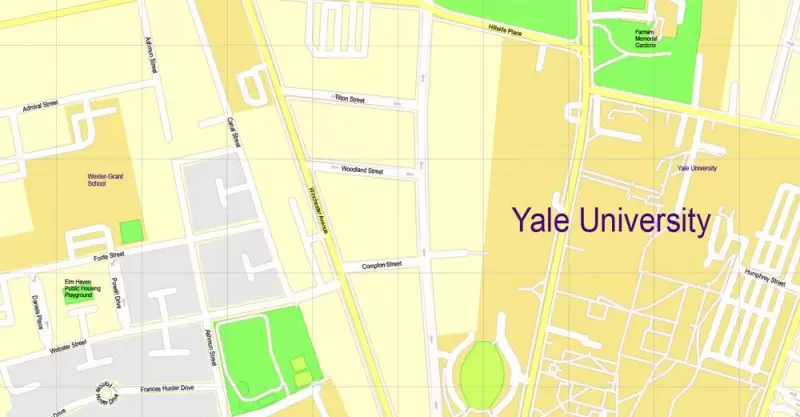 Printable Map Yale University, New Haven, Connecticut, US, exact vector street G-View Level 17 (100 meters scale) map, V.30.12. fully editable, Adobe Illustrator