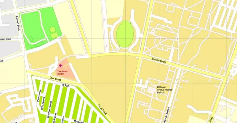 Printable Map Yale University, New Haven, Connecticut, US, exact vector street G-View Level 17 (100 meters scale) map, V.30.12. fully editable, Adobe Illustrator