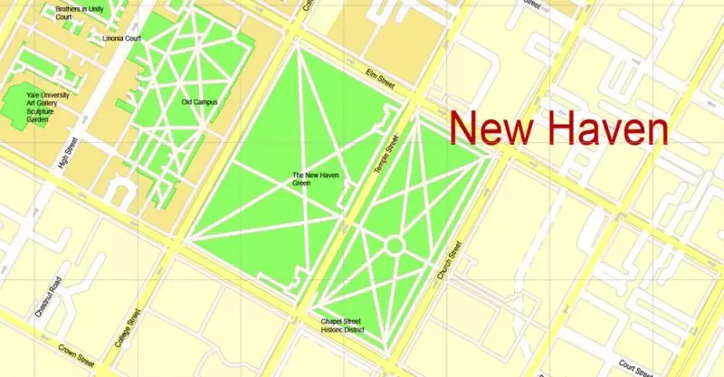 Printable Map Yale University, New Haven, Connecticut, US, exact vector street G-View Level 17 (100 meters scale) map, V.30.12. fully editable, Adobe Illustrator
