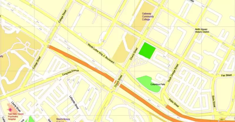 Printable Map Yale University, New Haven, Connecticut, US, exact vector street G-View Level 17 (100 meters scale) map, V.30.12. fully editable, Adobe Illustrator
