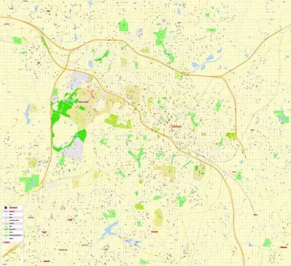 Printable Map Duke University, Durham, North Carolina, US, exact vector street G-View Level 17 (100 meters scale) map, V.30.12. fully editable, Adobe Illustrator