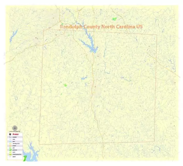 Printable Map Randolph County, North Carolina, US, exact vector street G-View Level 17 (100 meters scale) map, V.21.12. fully editable, Adobe Illustrator, full vector, scalable, editable text format of street names, 10 Mb ZIP.