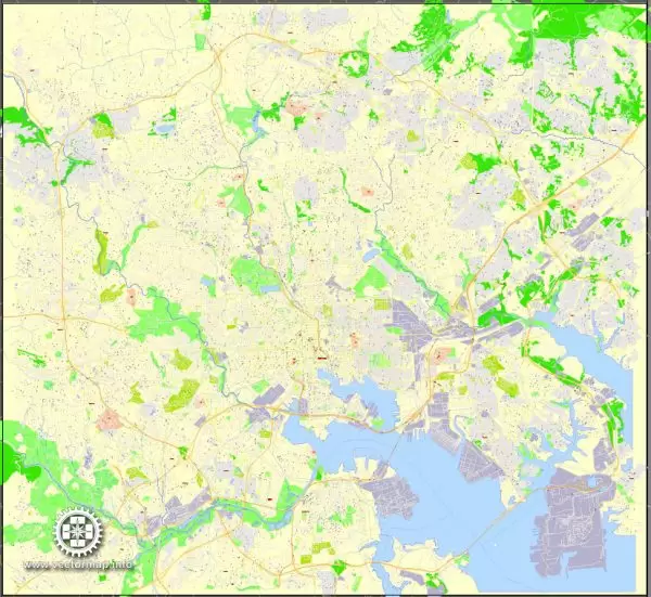 Printable Map Baltimore, Maryland, exact vector street G-View Level 17 (100 meters scale) map, V.08.12. fully editable, Adobe Illustrator, full vector, scalable, editable text format of street names, 14 Mb ZIP.