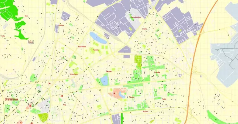 K vytlačenie Mapa Bratislava oblasť metra, Slovensko, presná vektor ulice G-View Level 17 (100 metrov os) máp, V.12.12. plne editovateľné, Adobe Illustrator, plná vektora, škálovateľné, editovateľné textovom formáte názvov ulíc (slovenské), 8 Mb ZIP.