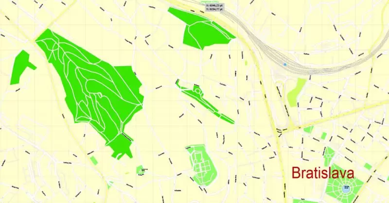 K vytlačenie Mapa Bratislava oblasť metra, Slovensko, presná vektor ulice G-View Level 17 (100 metrov os) máp, V.12.12. plne editovateľné, Adobe Illustrator, plná vektora, škálovateľné, editovateľné textovom formáte názvov ulíc (slovenské), 8 Mb ZIP.