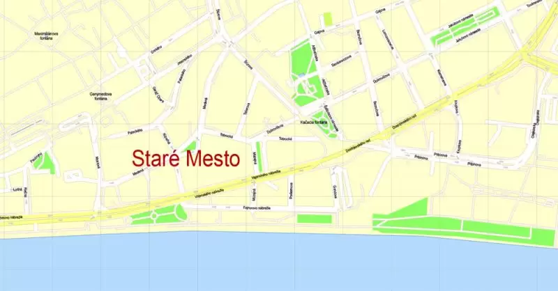 K vytlačenie Mapa Bratislava oblasť metra, Slovensko, presná vektor ulice G-View Level 17 (100 metrov os) máp, V.12.12. plne editovateľné, Adobe Illustrator, plná vektora, škálovateľné, editovateľné textovom formáte názvov ulíc (slovenské), 8 Mb ZIP.