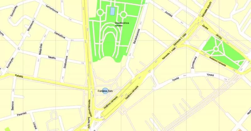 K vytlačenie Mapa Bratislava oblasť metra, Slovensko, presná vektor ulice G-View Level 17 (100 metrov os) máp, V.12.12. plne editovateľné, Adobe Illustrator, plná vektora, škálovateľné, editovateľné textovom formáte názvov ulíc (slovenské), 8 Mb ZIP.