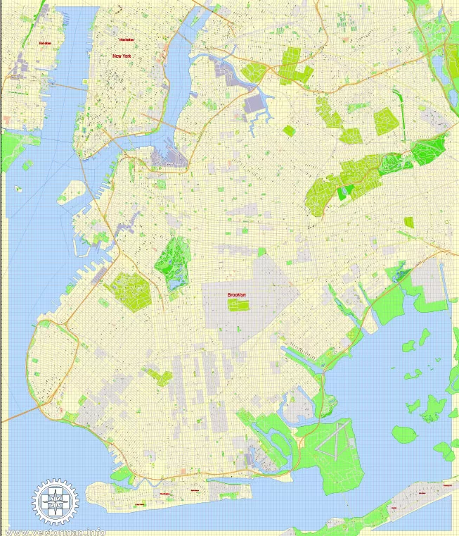Printable Map Brooklyn, New York, exact vector street G-View Level 17 (100 meters scale) map, V.08.12. fully editable, Adobe Illustrator, full vector, scalable, editable text format of street names, 5 Mb ZIP.