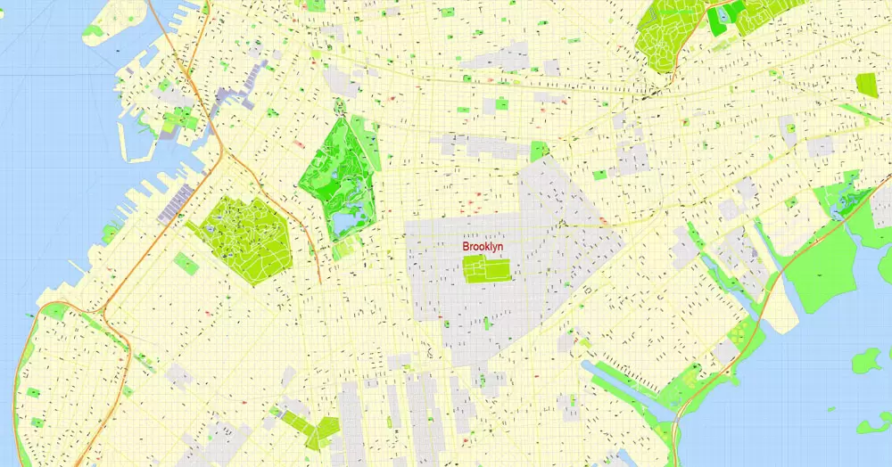 Printable Map Brooklyn, New York, exact vector street G-View Level 17 (100 meters scale) map, V.08.12. fully editable, Adobe Illustrator, full vector, scalable, editable text format of street names, 5 Mb ZIP.