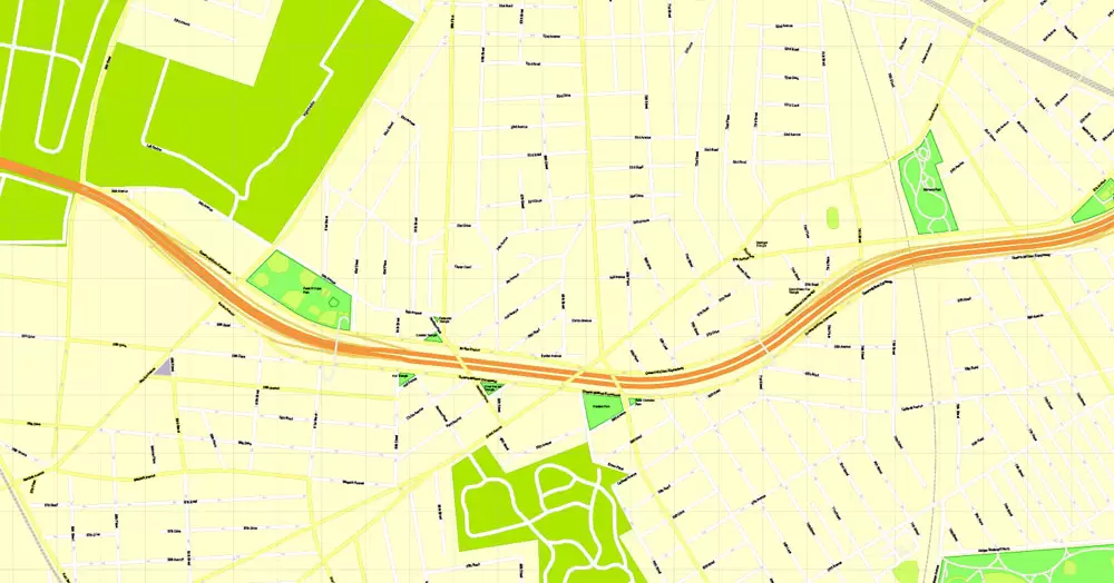 Printable Map Brooklyn, New York, exact vector street G-View Level 17 (100 meters scale) map, V.08.12. fully editable, Adobe Illustrator, full vector, scalable, editable text format of street names, 5 Mb ZIP.