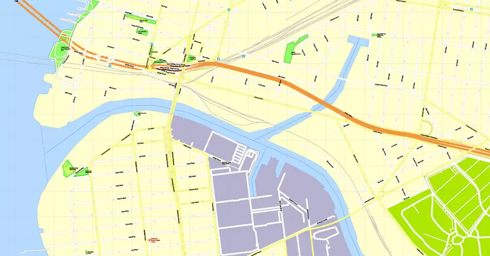 Printable Map Brooklyn, New York, exact vector street G-View Level 17 (100 meters scale) map, V.08.12. fully editable, Adobe Illustrator, full vector, scalable, editable text format of street names, 5 Mb ZIP.