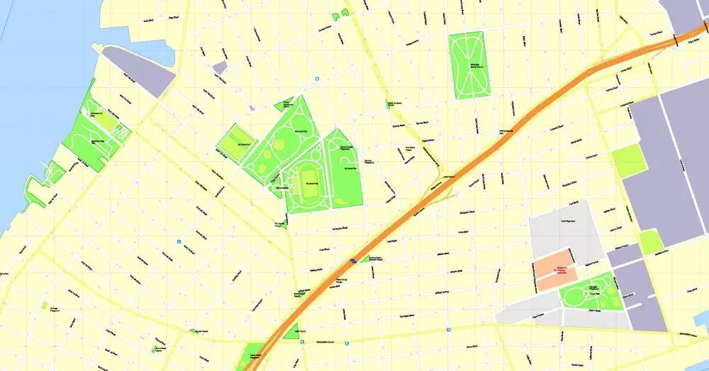 Printable Map Brooklyn, New York, exact vector street G-View Level 17 (100 meters scale) map, V.08.12. fully editable, Adobe Illustrator, full vector, scalable, editable text format of street names, 5 Mb ZIP.