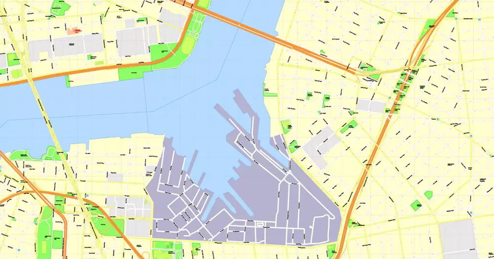 Printable Map Brooklyn, New York, exact vector street G-View Level 17 (100 meters scale) map, V.08.12. fully editable, Adobe Illustrator, full vector, scalable, editable text format of street names, 5 Mb ZIP.