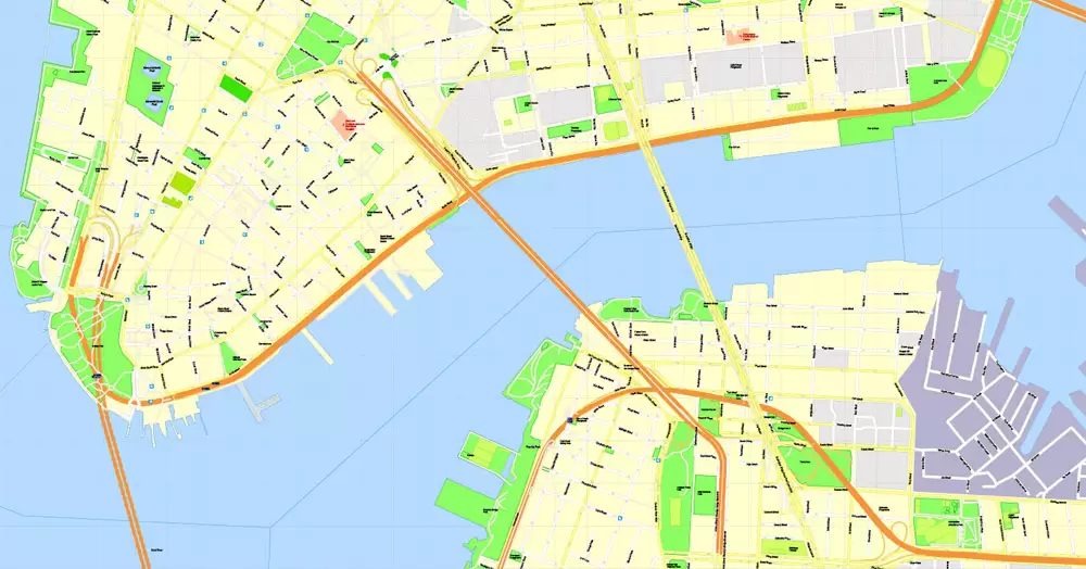 Printable Map Brooklyn, New York, exact vector street G-View Level 17 (100 meters scale) map, V.08.12. fully editable, Adobe Illustrator, full vector, scalable, editable text format of street names, 5 Mb ZIP.