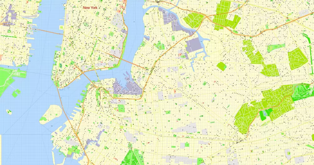Printable Map Brooklyn, New York, exact vector street G-View Level 17 (100 meters scale) map, V.08.12. fully editable, Adobe Illustrator, full vector, scalable, editable text format of street names, 5 Mb ZIP.